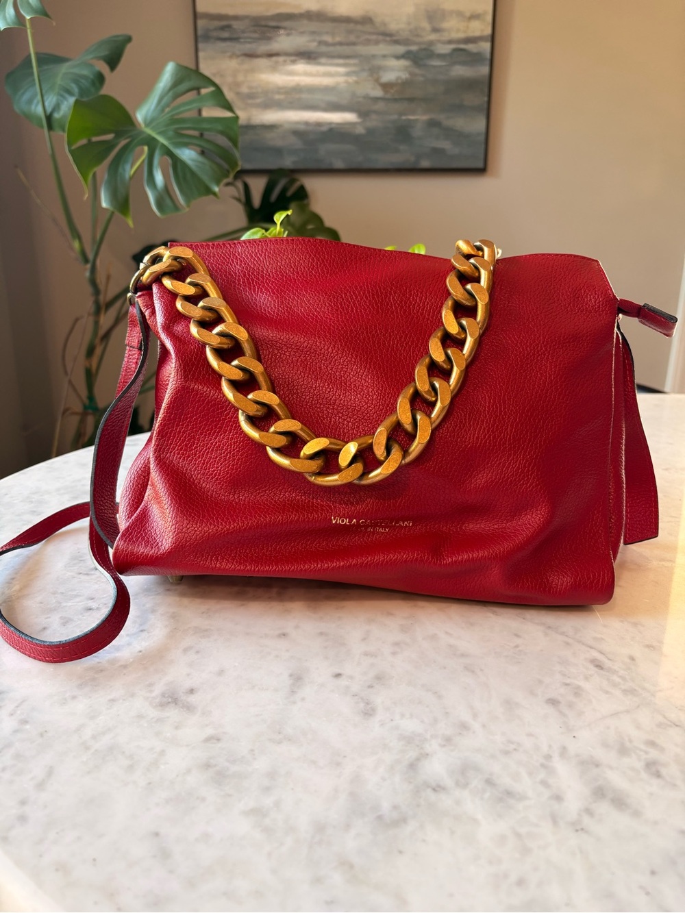 Viola Red Leather Chain-Handle Shoulder Bag with crossbody strap